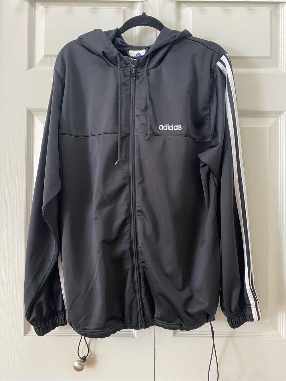 Vintage adidas (2001) Black Hooded Performance Jacket w/White Stripes - Size L